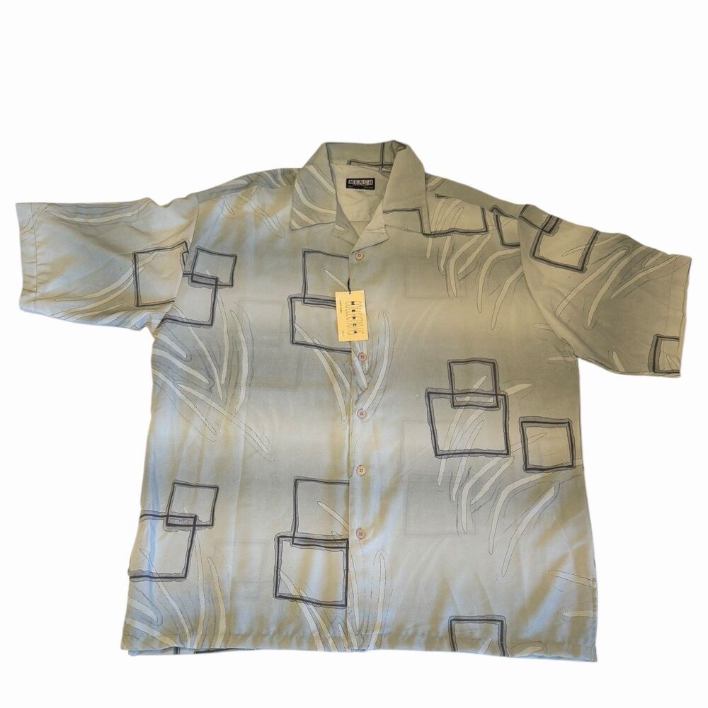 Hawaiian Shirt Abstract Geometric Print Button Front Resort Mench Platinum 3XL🌴